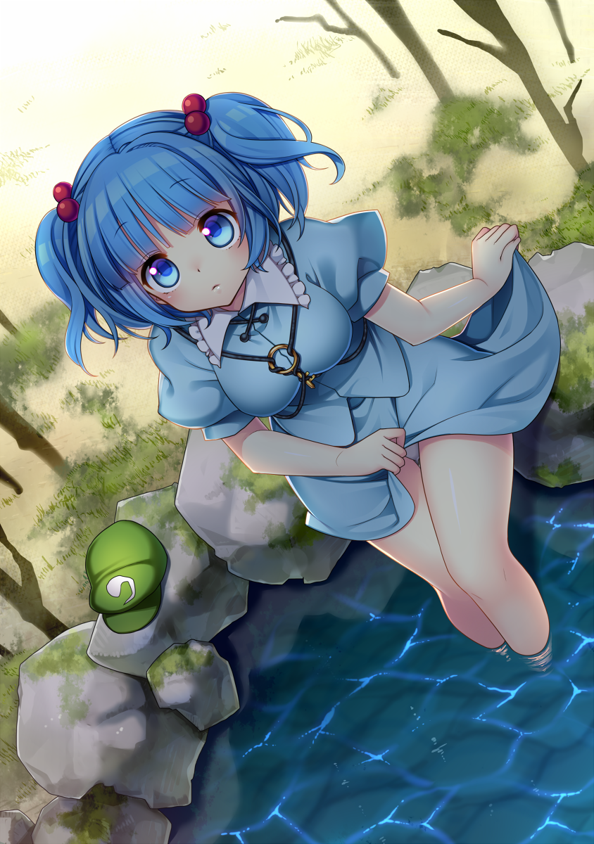 1girl, bad_id, bare_legs, blue_eyes, blue_hair, breasts, feet_in_water, from_above