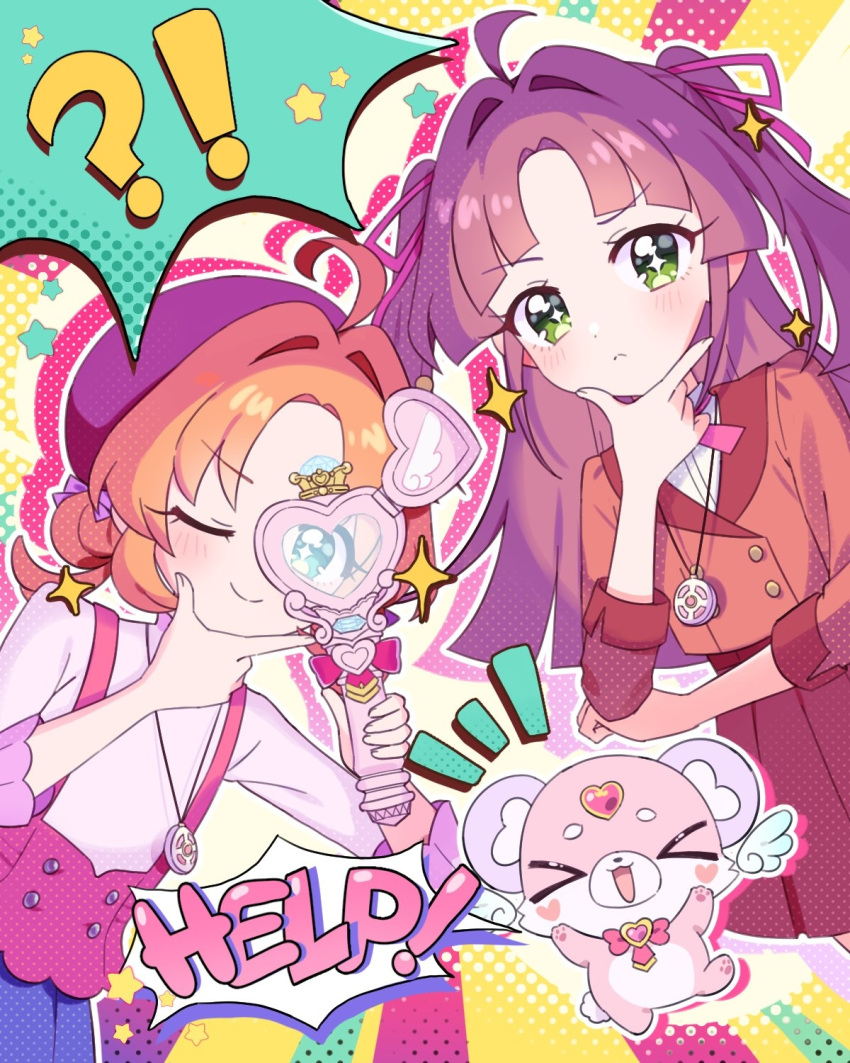 !?, >_<, +_+, 2girls, ahoge, akechi_anna, beret, blouse