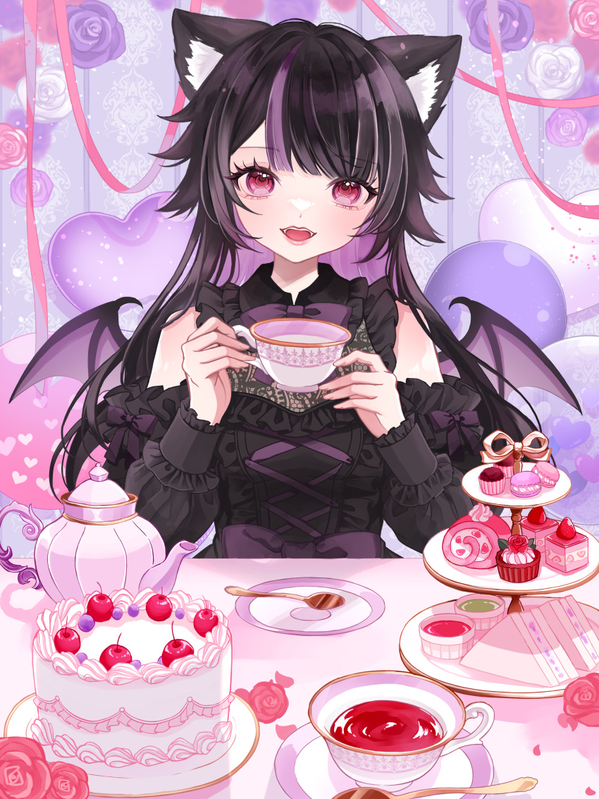 1girl, absurdres, animal_ear_fluff, animal_ears, balloon, bare_shoulders, bat_wings, birthday