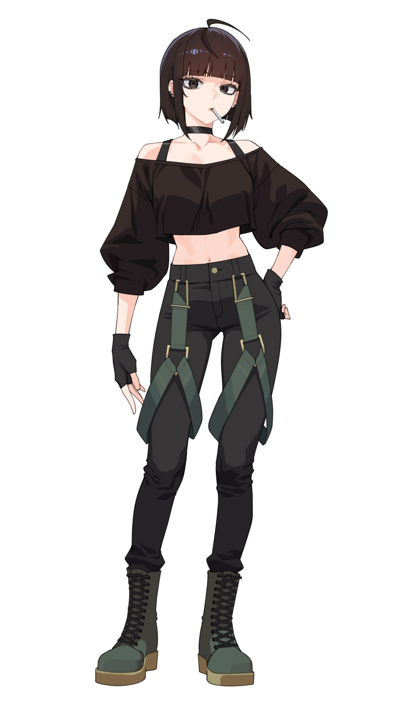 1girl, absurdres, antenna_hair, arm_at_side, bare_shoulders, black_choker, black_eyes, black_gloves