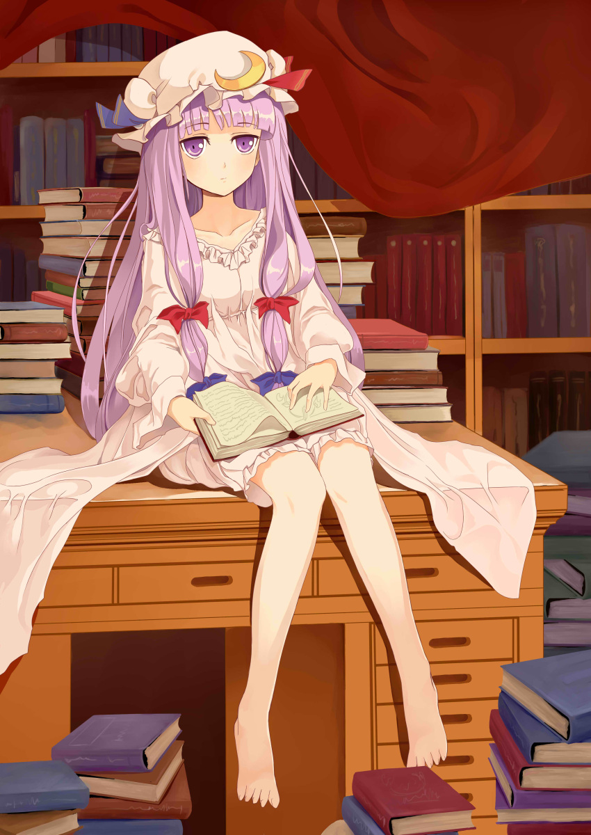 absurdres, barefoot, bloomers, book, bookshelf, crescent, desk, hat, highres, jpeg_artifacts, long_hair, patchouli_knowledge, purple_eyes, purple_hair, riko_(artist), riko_(ccllnnhh), room, sitting, sitting_on_desk, solo, touhou, violet_eyes