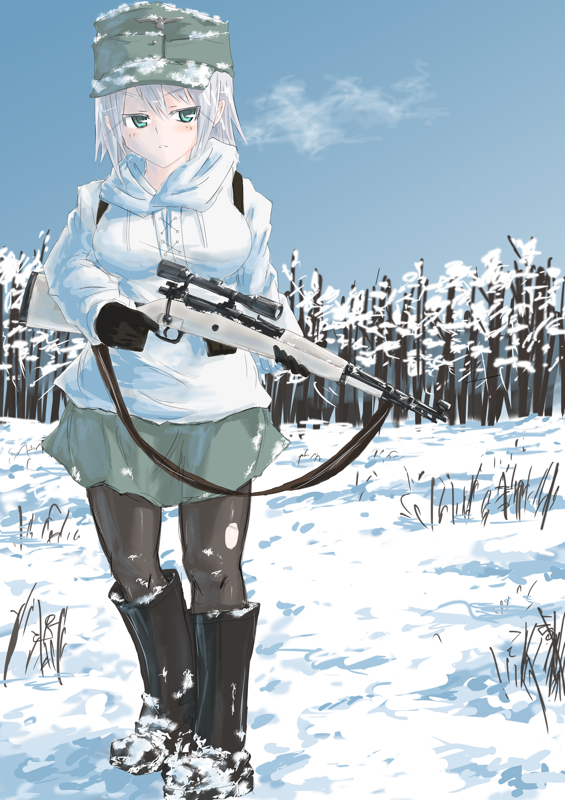 black_legwear, bolt_action, boots, breath, copyright_request, gun, k98, kar98