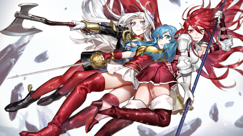 3girls, axe, battle_axe, blue_hair, boots, commentary, cordelia_(fire_emblem), edelgard_von_hresvelg