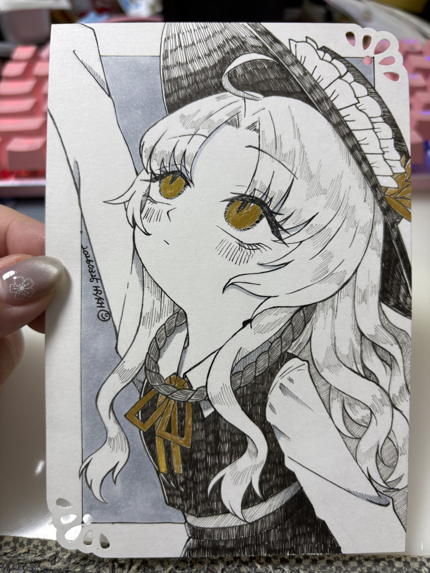 1girl, absurdres, arm_up, artist_name, black_hat, black_skirt, black_vest, commentary_request, cowboy_shot, dated, dolls_in_pseudo_paradise, hat, hat_feather, highres, hmr_rk, jacket_girl_(dipp), limited_palette, long_hair, long_sleeves, looking_up, neck_ribbon, photo_(medium), ribbon, rope, rope_around_neck, shirt, skirt, skirt_set, solo, touhou, traditional_media, vest, white_shirt, yellow_eyes, yellow_ribbon