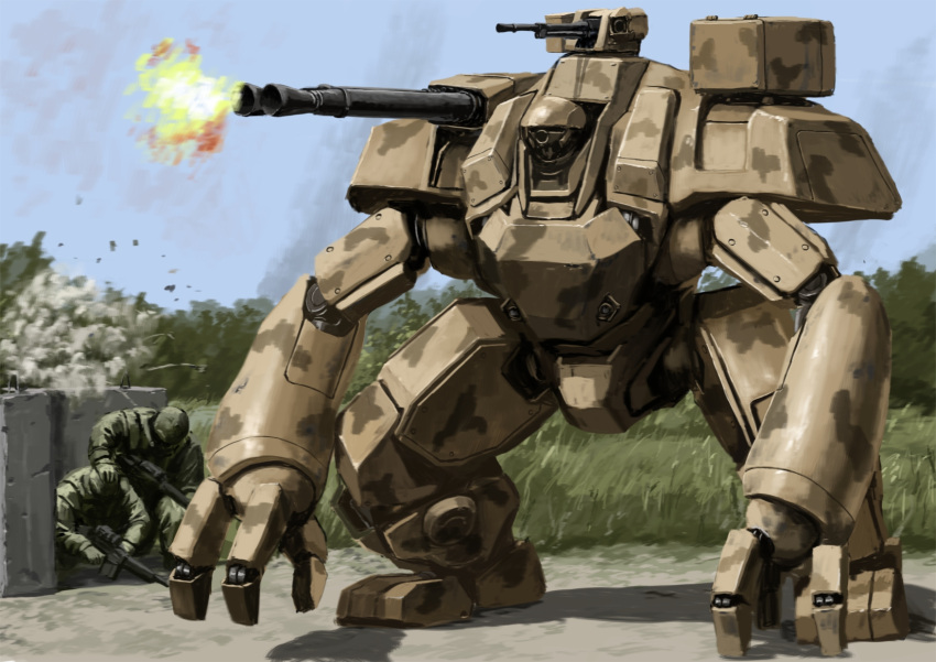 2boys, assault_rifle, autocannon, camouflage, cannon, commentary_request, firing, grass