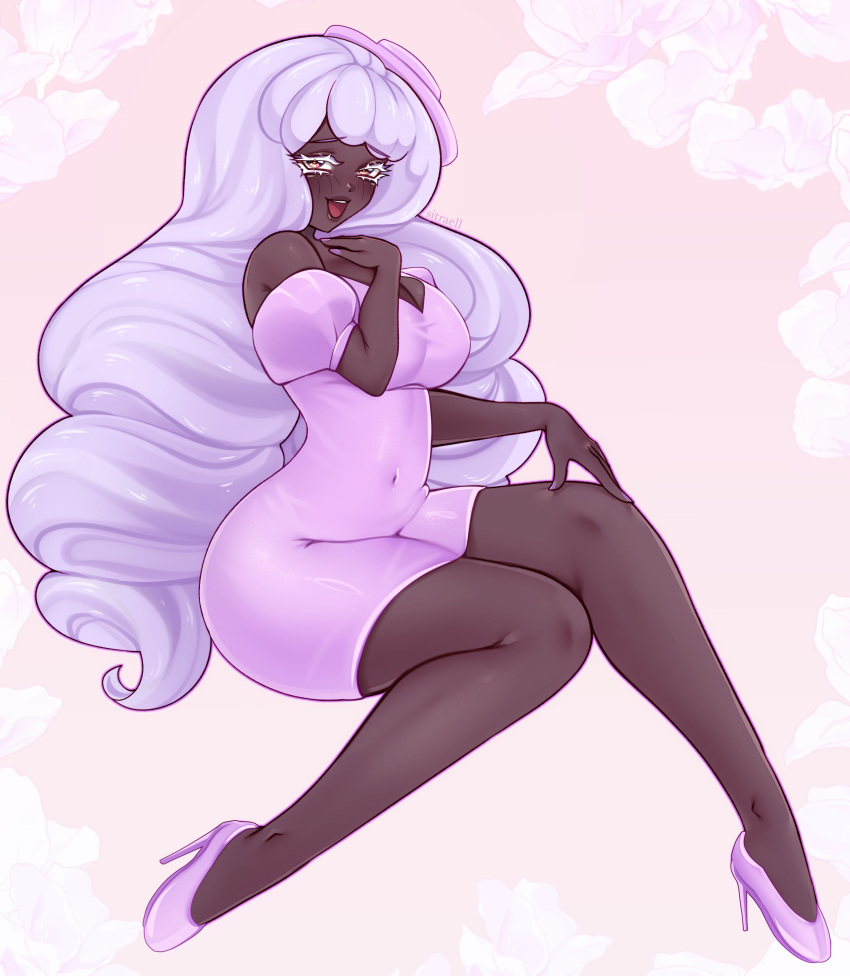 1girl, absurdres, bare_legs, bare_shoulders, blush, covered_navel, dark-skinned_female, dark_skin