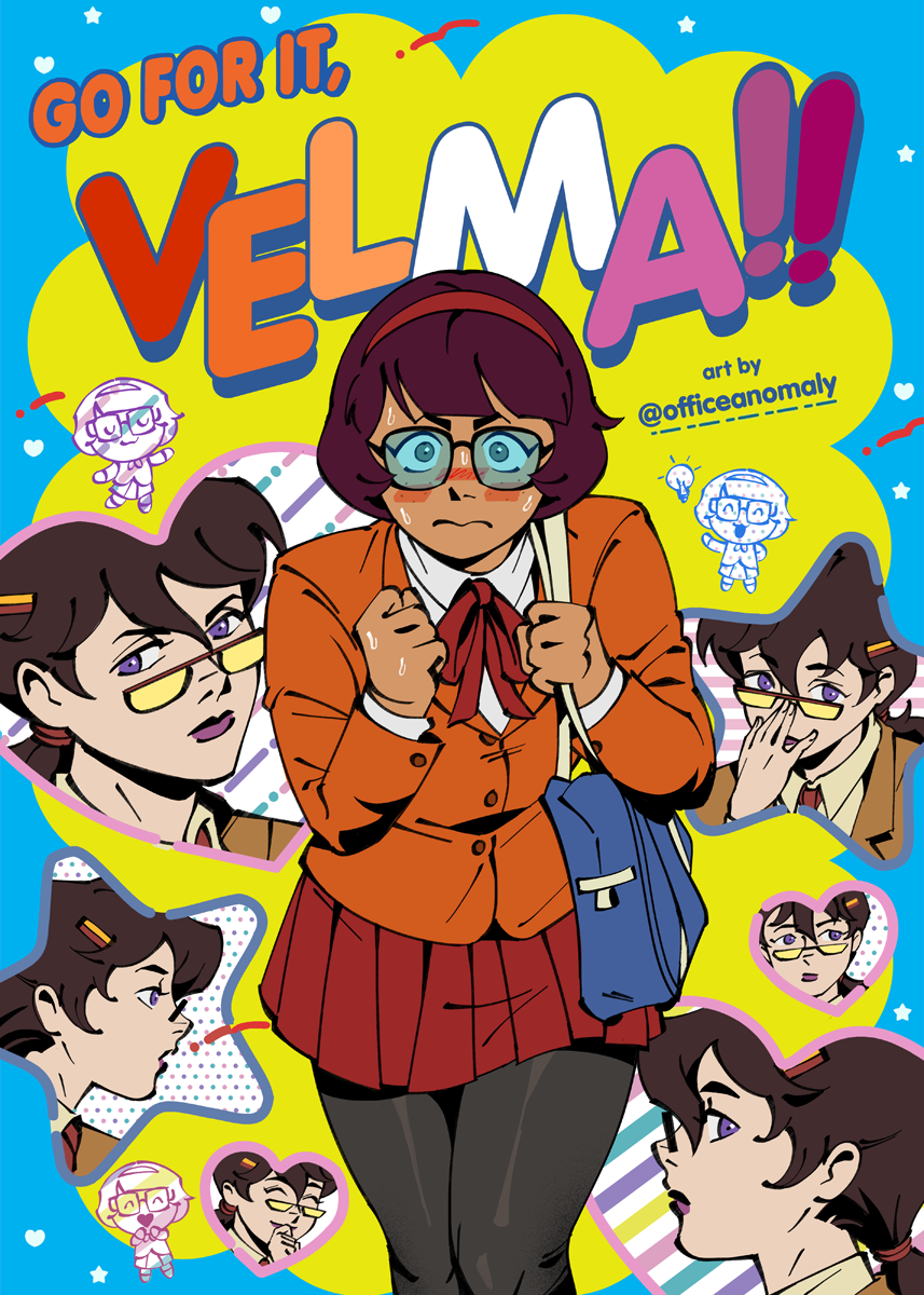 2girls, alternate_costume, bag, black-framed_eyewear, black_pantyhose, blush, brown_hair, brown_jacket, chibi, english_commentary, english_text, glasses, headband, highres, holding, holding_bag, jacket, lgbt_pride, long_sleeves, looking_at_viewer, low_ponytail, marcie_fleach, medium_hair, miniskirt, multiple_girls, neck_ribbon, officeanomaly, opaque_glasses, orange_jacket, pantyhose, pleated_skirt, ponytail, pride_month, purple_lips, red_headband, red_ribbon, ribbon, school_bag, school_uniform, scooby-doo!_mystery_incorporated, scooby-doo_(series), semi-rimless_eyewear, skirt, sweat, velma_dinkley, violet_eyes, yuri