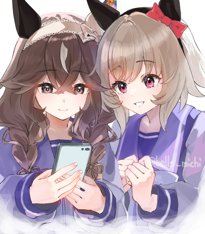 2girls, absurdres, animal_ears, black_hairband, blush, bow, bowtie, braid