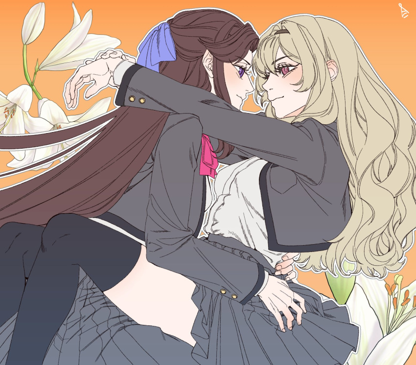 2girls, black_hairband, black_thighhighs, blonde_hair, brown_hair, commentary_request, flower, grey_jacket