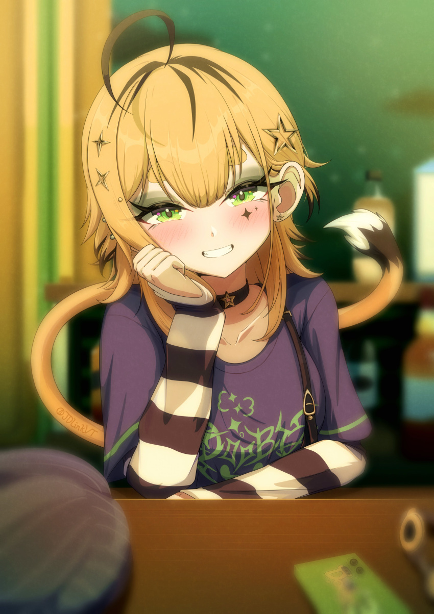 1girl, absurdres, ahoge, black_eyeshadow, black_streaks, blurry, blurry_background, blush