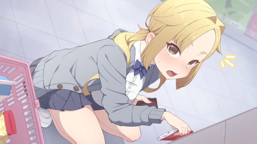 1girl, absurdres, aisle, aobara_hairi, blonde_hair, blue_necktie, blue_skirt, breasts