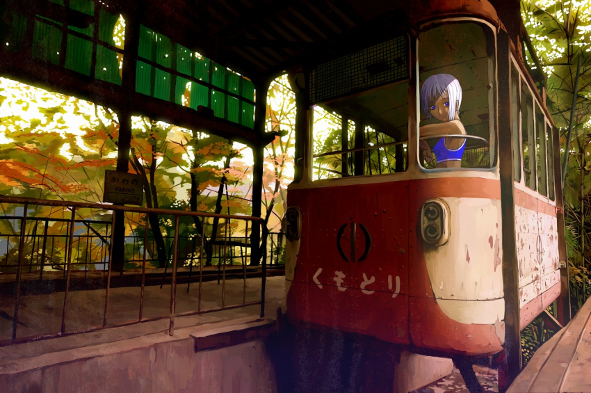 aerial_tram, blue_eyes, chomchom, dark_skin, original, overgrown, railing, ruins