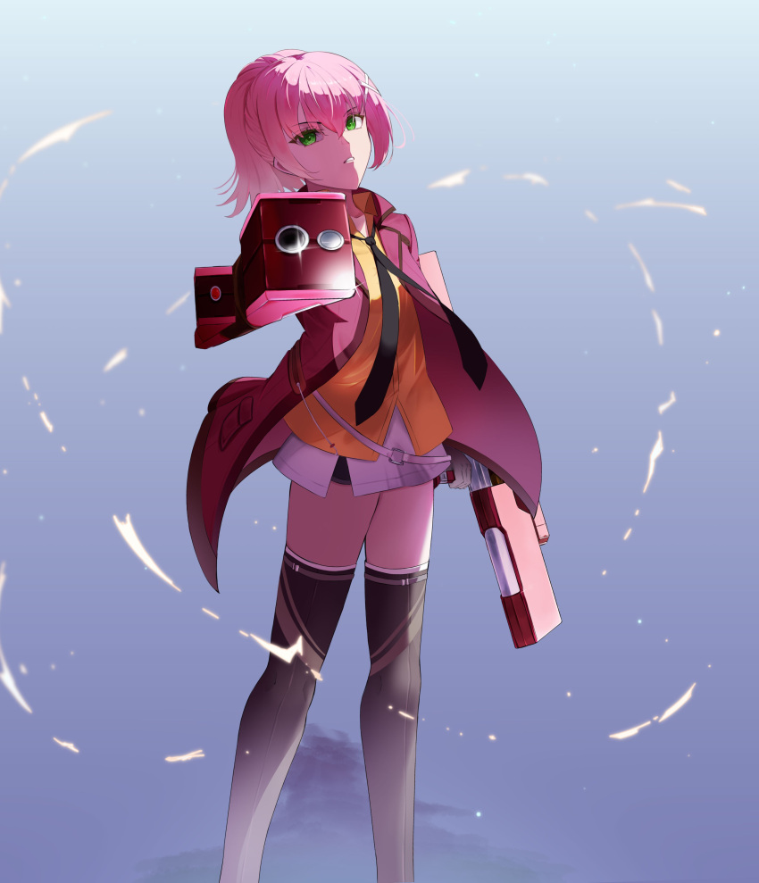1girl, absurdres, aiming, aiming_at_viewer, aura, black_necktie, black_thighhighs, blue_background