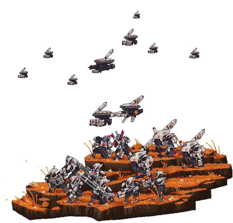 alien, animated, animated_gif, armor, bald, binoculars, blue_skin, bodysuit, colored_skin, energy_gun, grasslands, gun, helmet, holding, holding_binoculars, holding_gun, holding_weapon, no_nose, pixel_art, plasma_rifle, railgun, science_fiction, simple_background, steel_joe, t'au, t'au_drone, tau_drone, unmanned_aerial_vehicle, warhammer_40k, weapon, white_background