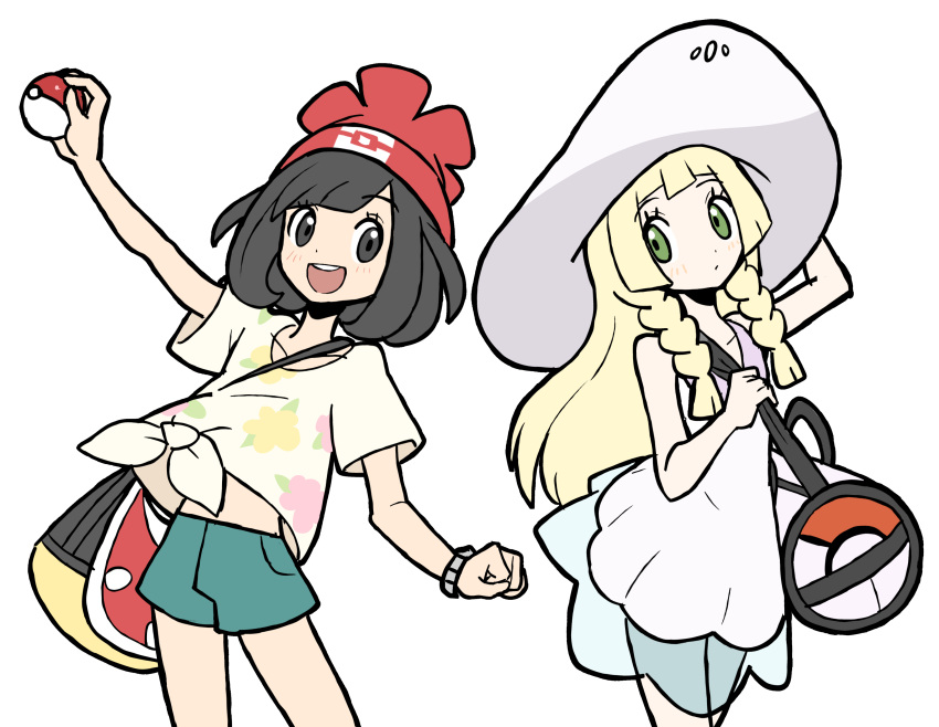 2girls, absurdres, bag, beanie, black_eyes, black_hair, blonde_hair, braid