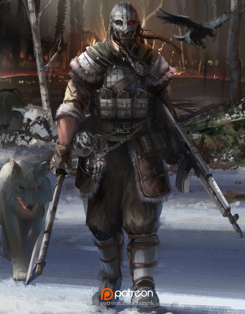 1boy, ammunition_pouch, assault_rifle, axe, bird, body_armor, boots, braid, braided_beard, brown_hair, bulletproof_vest, chest_rig, crow, dual_wielding, english_commentary, facial_hair, fire, floating_hair, full_body, fur_trim, gloves, glowing, glowing_eyes, gun, hammk, highres, holding, holding_axe, kalashnikov_rifle, load_bearing_equipment, load_bearing_vest, long_hair, magazine_(weapon), male_focus, original, outdoors, patreon_logo, patreon_username, pouch, rifle, skull, snow, solo_focus, tactical_clothes, viking, warrior, weapon, white_wolf, wolf, yarm_helmet