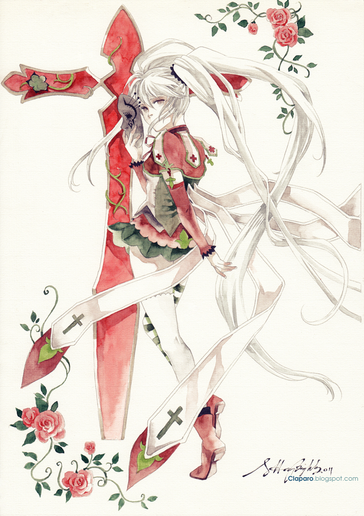 flower, grey_eyes, long_hair, mask, miniskirt, mismatched_legwear, original, pale_skin