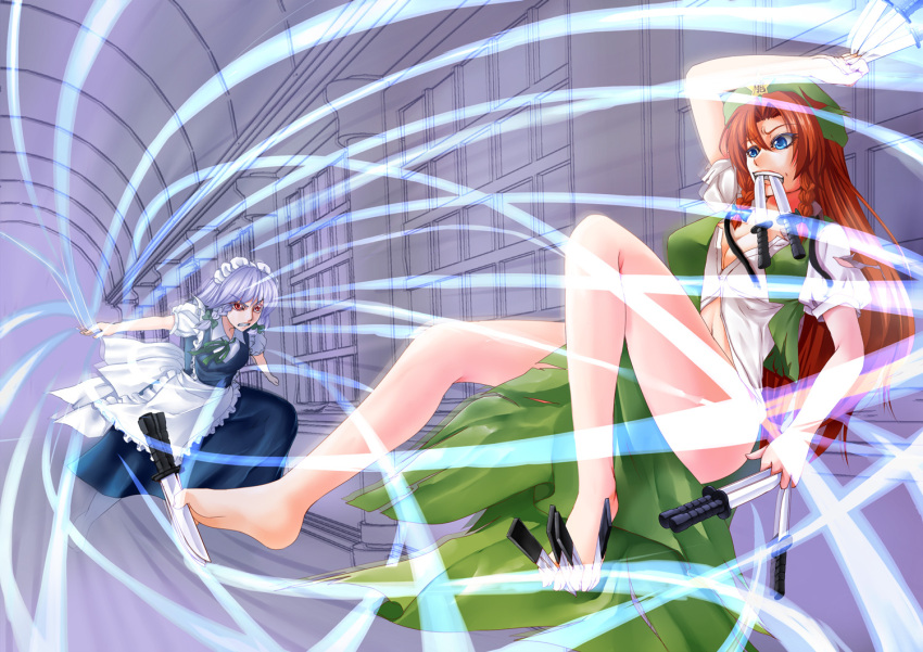 angry, apron, bare_legs, barefoot, battle, beret, between_toes, blue_eyes