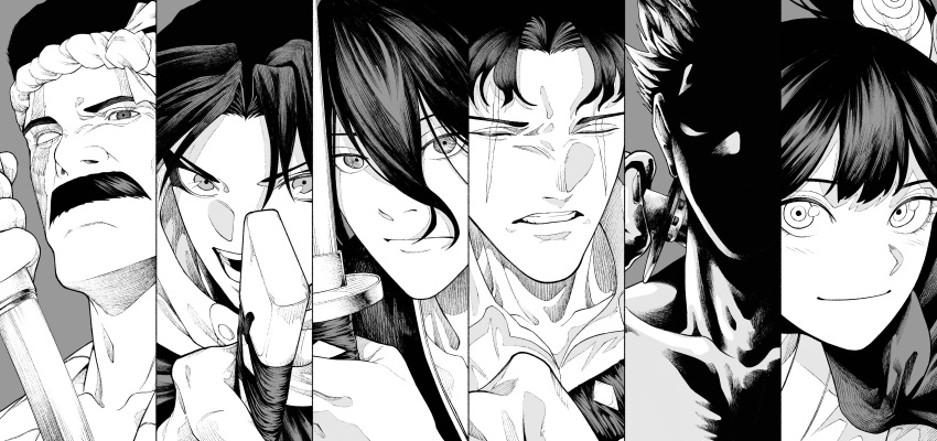 1girl, 5boys, absurdres, blind, column_lineup, commentary_request, facial_hair, female_sword_bearer_(kagurabachi), greyscale, hair_between_eyes, headband, highres, holding, ibuki_misaka, kagurabachi, katana, male_focus, monochrome, multiple_boys, mustache, nejiri_hachimaki, portrait, samura_seiichi, scar, scar_across_eyes, scar_on_face, shaded_face, short_hair, soga_akemura, subaru_(kagurabachi), sword, thick_mustache, uruha_youji, weapon, yamagata_(user_ymrx4758)