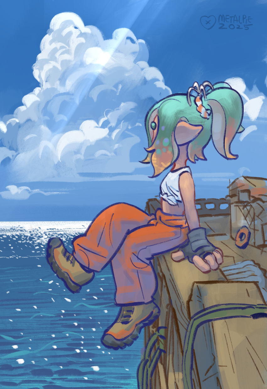 1girl, absurdres, aqua_hair, black_gloves, blue_sky, brown_hair, clouds, commentary, crop_top, fingerless_gloves, full_body, gloves, high_ponytail, highres, horizon, inkling, mechanic_(splatoon_raiders), medium_hair, metal_pie, ocean, orange_pants, outdoors, pants, pointy_ears, ponytail, sitting, sky, solo, splatoon_(series), splatoon_raiders, tentacle_hair