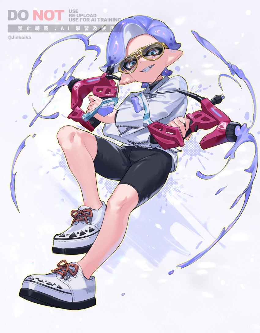 1boy, bike_shorts, commentary, dapple_dualies_(splatoon), dual_wielding, highres, holding, ink