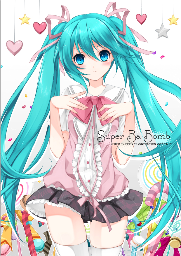 alternate_costume, aqua_eyes, aqua_hair, blue_eyes, blue_hair, blush, bow, candy