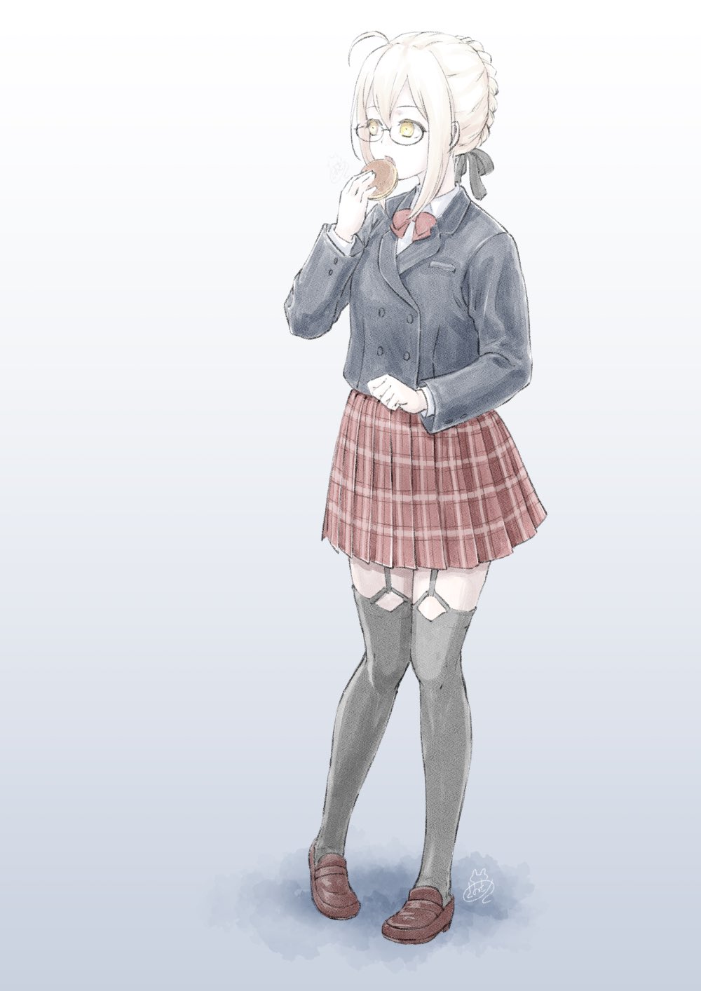 1girl, ahoge, alternate_costume, artoria_pendragon_(fate), bc_freedom_school_uniform, black_bow, black_jacket, blazer