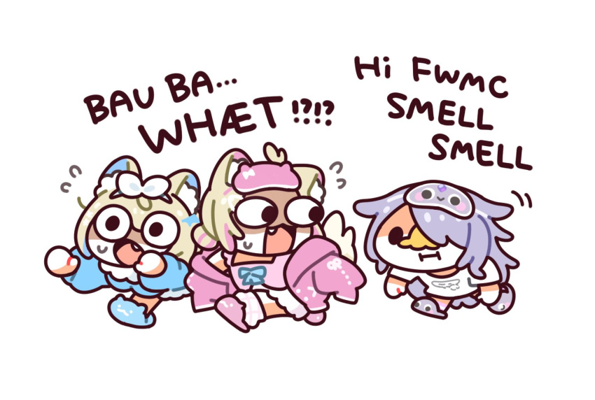 3girls, animal_ears, blonde_hair, blue_hair, commentary, dog_ears, dog_tail, english_commentary