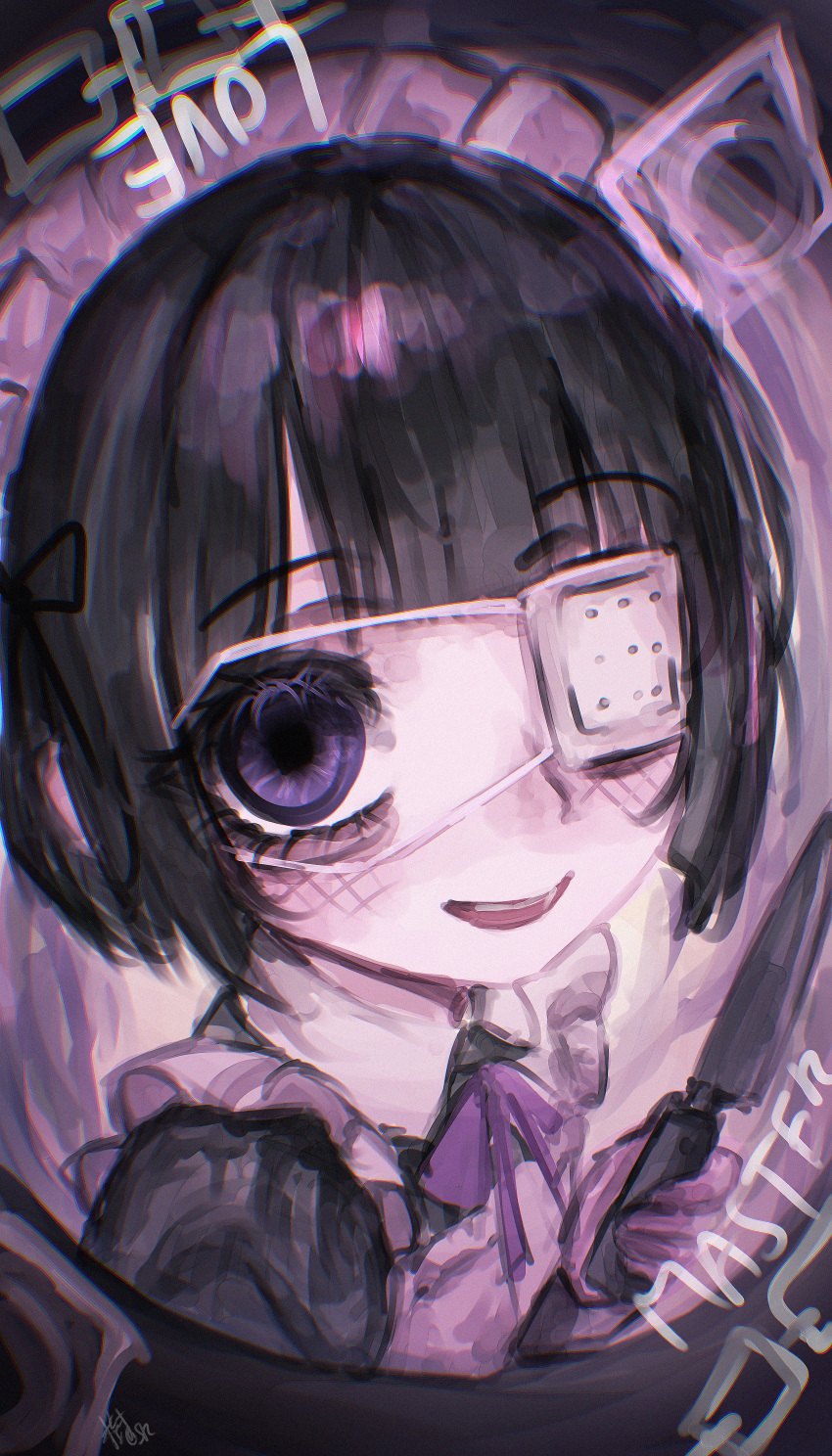 1girl, abstract_background, absurdres, apron, autreeyah, black_dress, black_hair, black_ribbon, blunt_bangs, chain, collared_dress, contrast_collar, dress, english_text, eyelashes, eyepatch, fisheye, hair_ribbon, highres, looking_at_viewer, maid, maid_apron, maid_headdress, medical_eyepatch, neck_ribbon, original, purple_background, purple_ribbon, ribbon, smile, solo, tareme, teeth, upper_teeth_only, violet_eyes, yandere