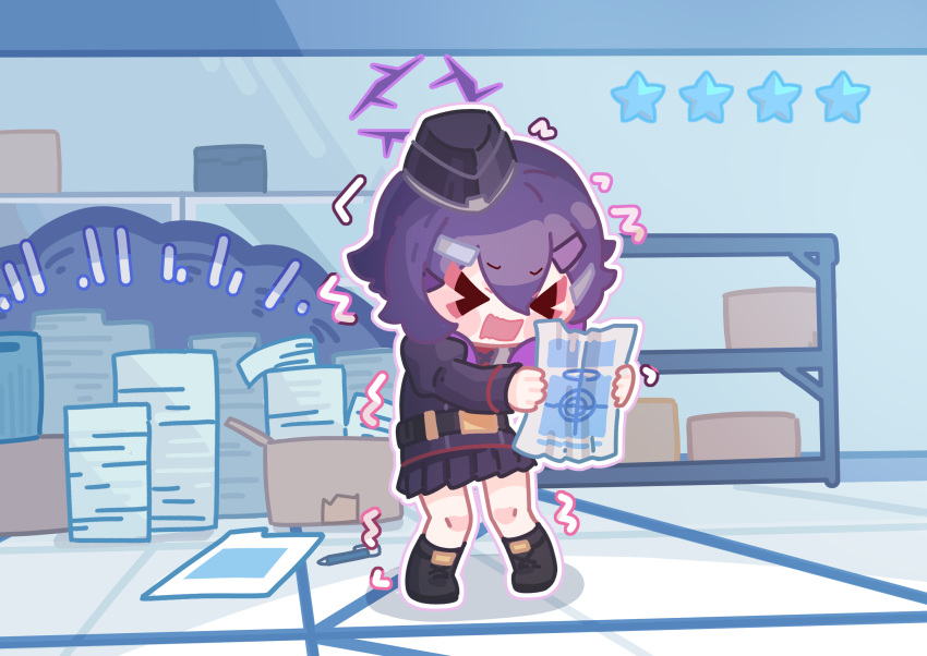 >_<, 1girl, belt, beret, black_boots, blue_archive, blush_stickers, boots