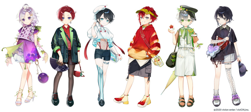 6+boys, :o, absurdres, ahoge, animal_bag, ankle_strap, apple_print, arm_behind_back