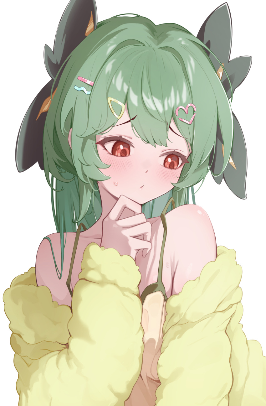 1girl, alternate_costume, bare_shoulders, blush, camisole, closed_mouth, collarbone, commentary