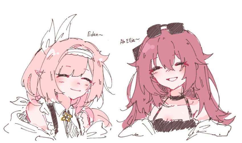 black_dress, brown_hair, commentary, dress, eden_(honkai_impact), elf, elysia_(honkai_impact), english_commentary