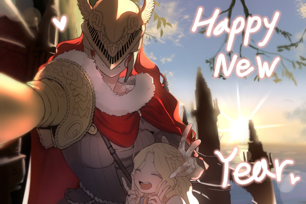 1boy, 1girl, breasts, brother_and_sister, charles_(gu599), closed_eyes, closed_mouth, commentary_request, double_v, elden_ring, happy_new_year, heart, helmet, in-universe_location, korean_commentary, long_hair, malenia_blade_of_miquella, miquella_(elden_ring), outdoors, prosthesis, prosthetic_arm, red_hair, scar, selfie, siblings, smile, sun, trap, v, visor_(armor), wavy_hair, winged_helmet