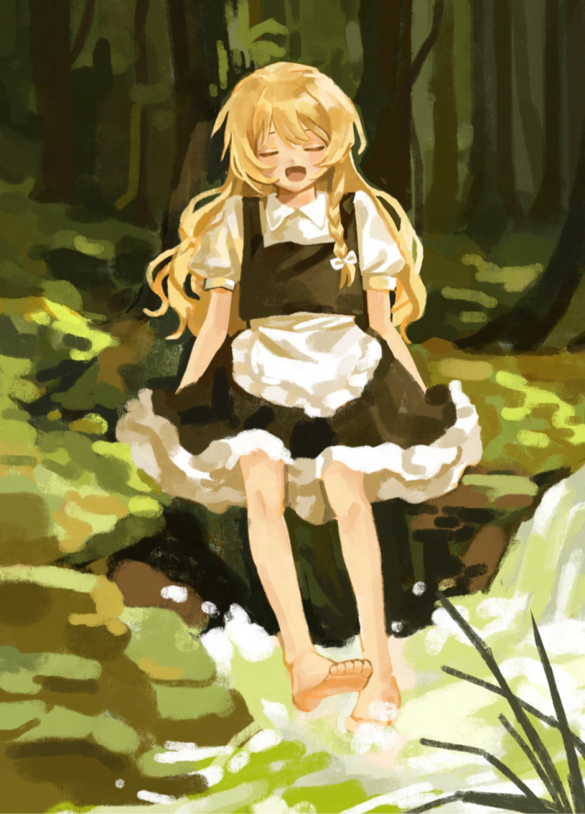 1girl, :d, apron, barefoot, black_skirt, black_vest, blonde_hair, bow