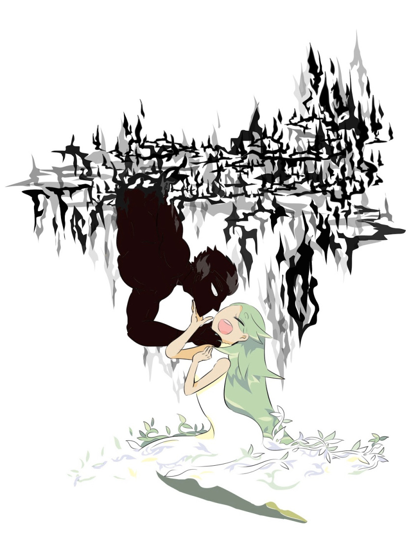 1boy, 1girl, closed_eyes, dress, green_hair, hand_on_another's_chin, highres, kiawe_(pokemon)