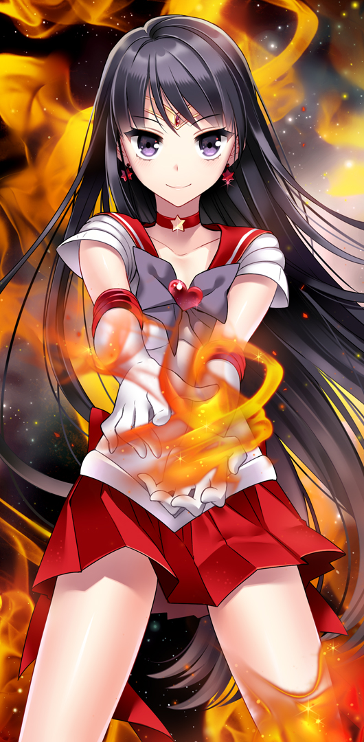 bishoujo_senshi_sailor_moon, black_hair, bow, choker, collarbone, earrings, elbow_gloves, fiery_background, fire, gloves, heart, hino_rei, jewelry, long_hair, magical_girl, nardack, pleated_skirt, purple_eyes, ribbon, sailor_collar, sailor_mars, skirt, smile, solo, star, super_sailor_mars, tiara, very_long_hair, violet_eyes, white_gloves