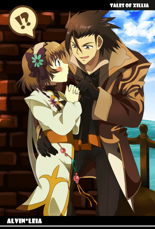 !?, alvin_(tales_of_xillia), black_gloves, blush, bow, braid, brown_eyes, brown_hair