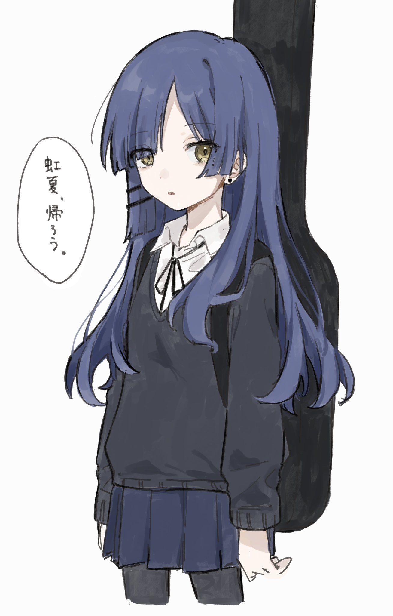 1girl, alternate_hair_length_(longer), arms_at_sides, bad_id, bad_twitter_id, black_pantyhose, black_ribbon, black_sweater