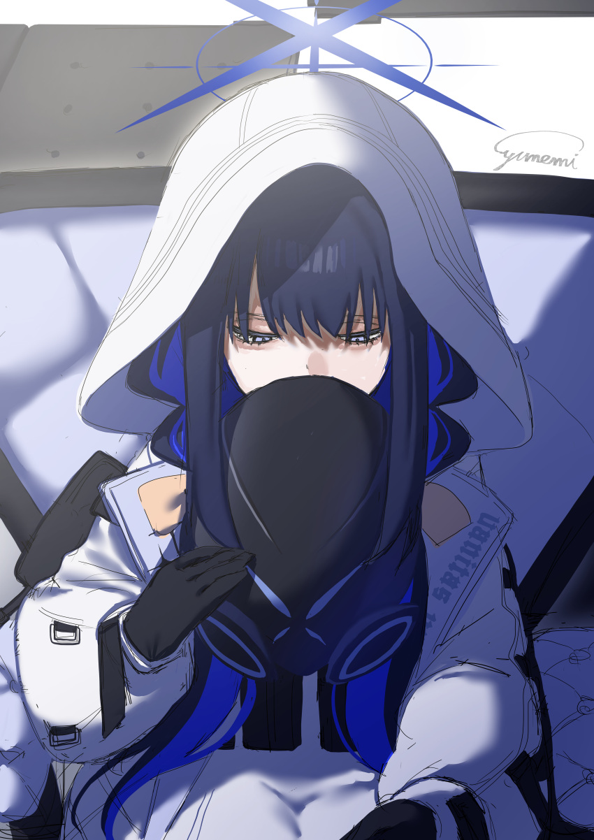 1girl, absurdres, atsuko_(blue_archive), atsuko_(blue_archive)_(cosplay), black_gloves, black_hair, blue_archive, blue_hair