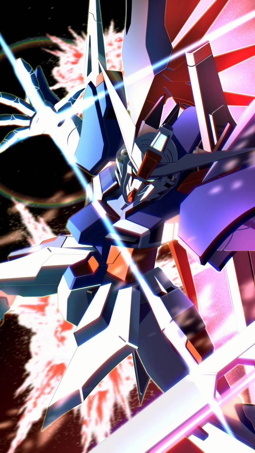 commentary_request, destiny_gundam, destiny_gundam_spec_ii, energy_sword, energy_wings, explosion, glowing, glowing_eyes