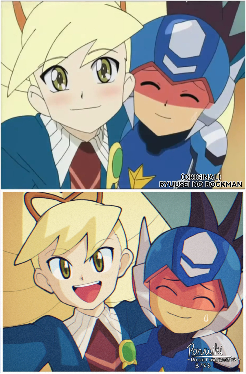 1boy, 1girl, absurdres, anime_screenshot_inset, armor, artist_name, blonde_hair, blue_armor
