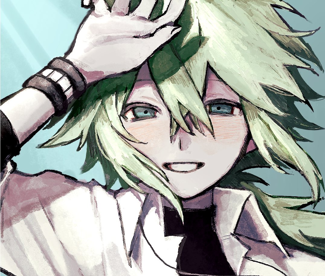 1boy, black_shirt, blue_background, blue_eyes, collared_shirt, commentary, crossed_bangs, green_hair