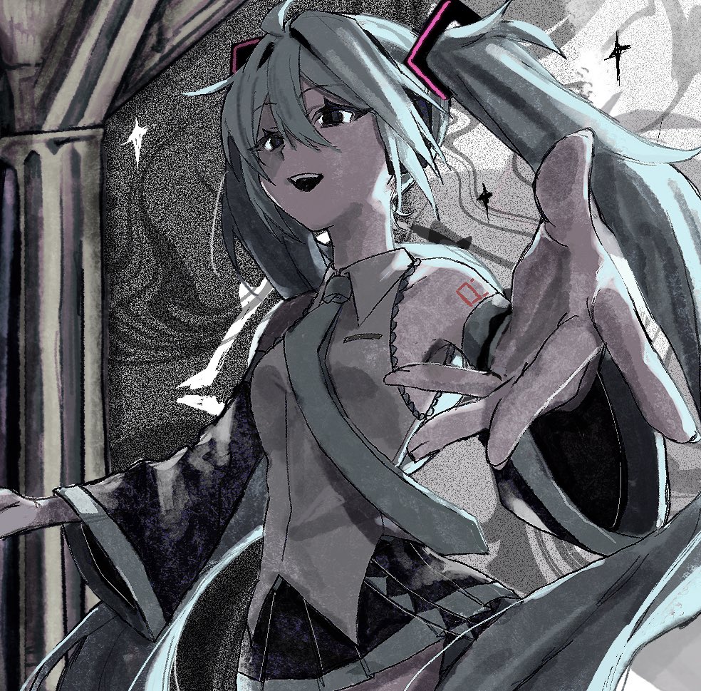 1girl, arm_tattoo, black_eyes, black_skirt, black_sleeves, blue_hair, breasts, collared_shirt, commentary_request, detached_sleeves, grey_shirt, hair_between_eyes, hair_ornament, hatsune_miku, long_hair, madai_(si_202), muted_color, necktie, ooparts_(vocaloid), open_mouth, outstretched_arms, pillar, pleated_skirt, shirt, skirt, sleeveless, sleeveless_shirt, small_breasts, solo, sparkle, tattoo, twintails, very_long_hair, vocaloid, wide_sleeves