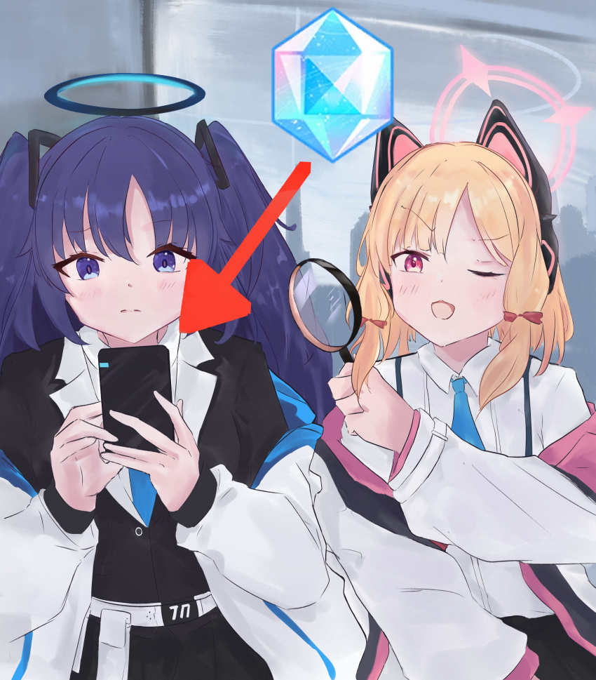 2girls, absurdres, animal_ear_headphones, animal_ears, arrow_(symbol), black_halo, blonde_hair, blue_archive
