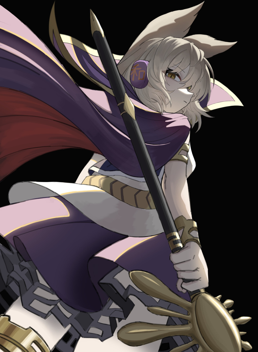 1girl, absurdres, black_background, blonde_hair, bracelet, cape, closed_mouth, commentary