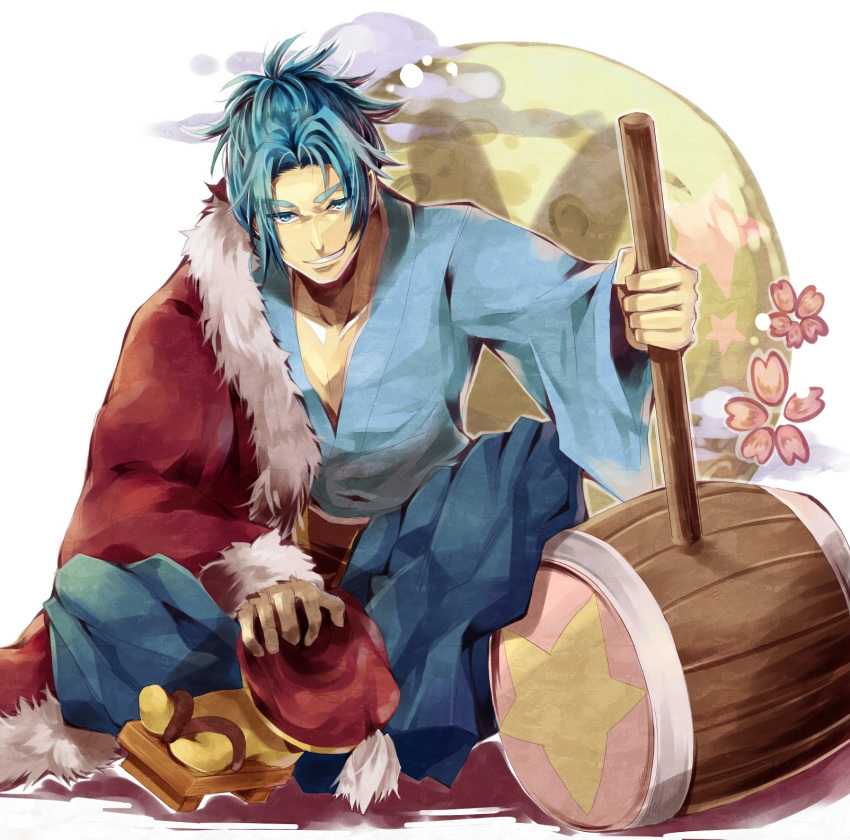 abs, blue_eyes, blue_hair, cherry_blossoms, cloud, eyebrows, flower, full_moon, fur_trim, geta, grin, hainegom, hammer, hat, hat_removed, headwear_removed, highres, indian_style, janis_(hainegom), japanese_clothes, kimono, king_dedede, kirby_(series), looking_at_viewer, male, manly, moon, obi, personification, robe, sandals, sash, short_hair, sitting, smile, socks, solo, star, tabi, tassel, thick_eyebrows, warrior, weapon, white_background