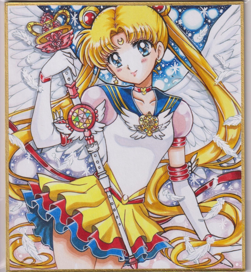 1girl, arm_up, bare_legs, bishoujo_senshi_sailor_moon, blonde_hair, blue_eyes, blue_sailor_collar, blue_skirt