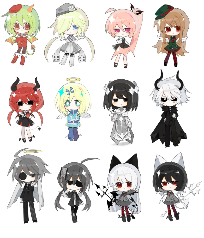 6+girls, alela_grora_(funamusea), angel_wings, arbus_(funamusea), ater_(funamusea), black_dress, black_eyes, black_horns