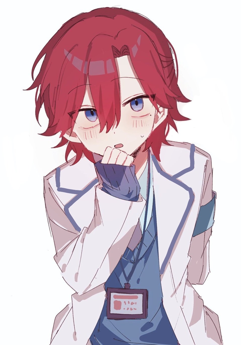 1boy, arm_behind_back, blue_eyes, blue_necktie, blue_shirt, blue_sweater, blush, coat, commentary_request, highres, hyoutenka_30-do_no_zetsubou, id_card, lanyard, lapels, looking_at_viewer, mitsudomoe_koubou_(series), mole, mole_under_eye, naenaedr, necktie, no_sclera, red_hair, shirt, simple_background, solo, sweat, sweater, tonimura_yui, upper_body, white_background, white_coat